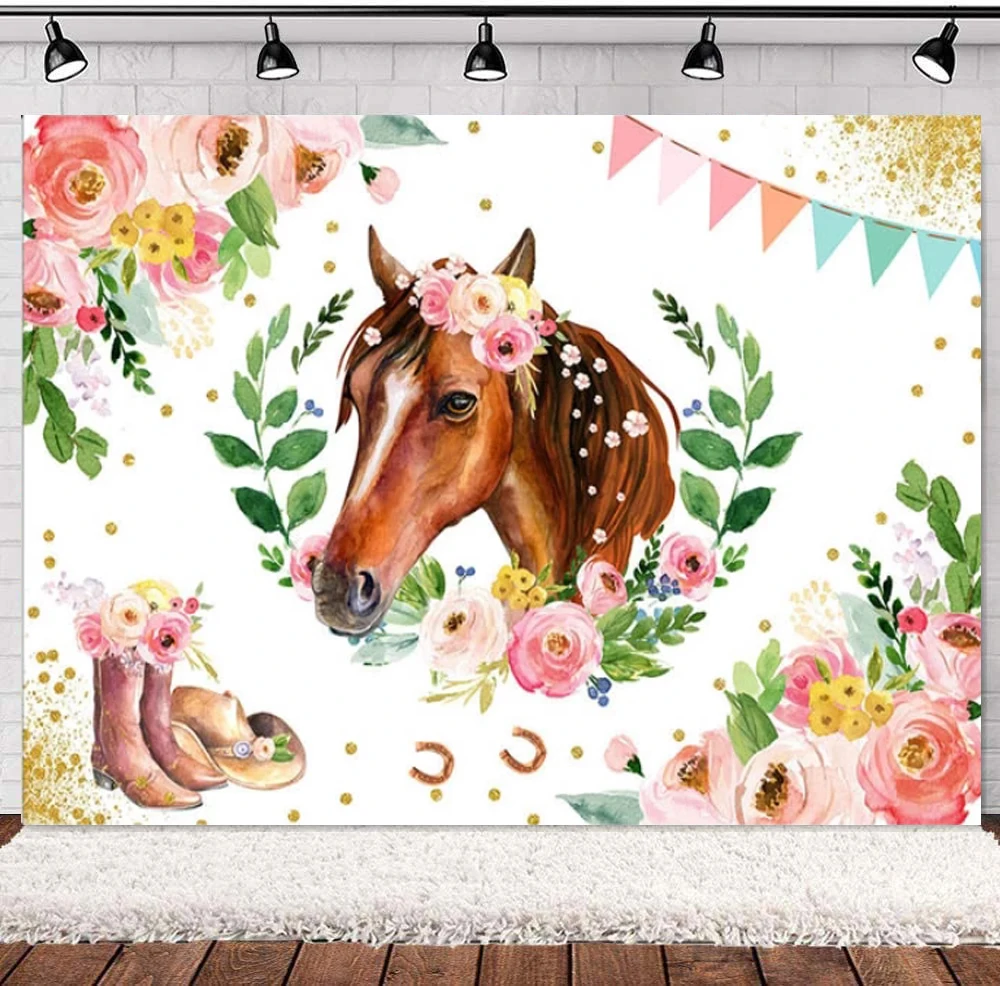 ベビーシャワー、馬、騎乗位、花、農場、西洋、お誕生日おめでとうパーティーの装飾、背景バナー、消耗品の写真背景