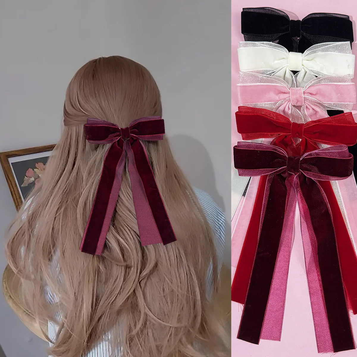 

30 PCS/Lot, 5.71" Mesh Velvet Ribbon Bow Hair Clips Long Tassel Hairpins Ponytail Clip For Women Girls Hair Accessories