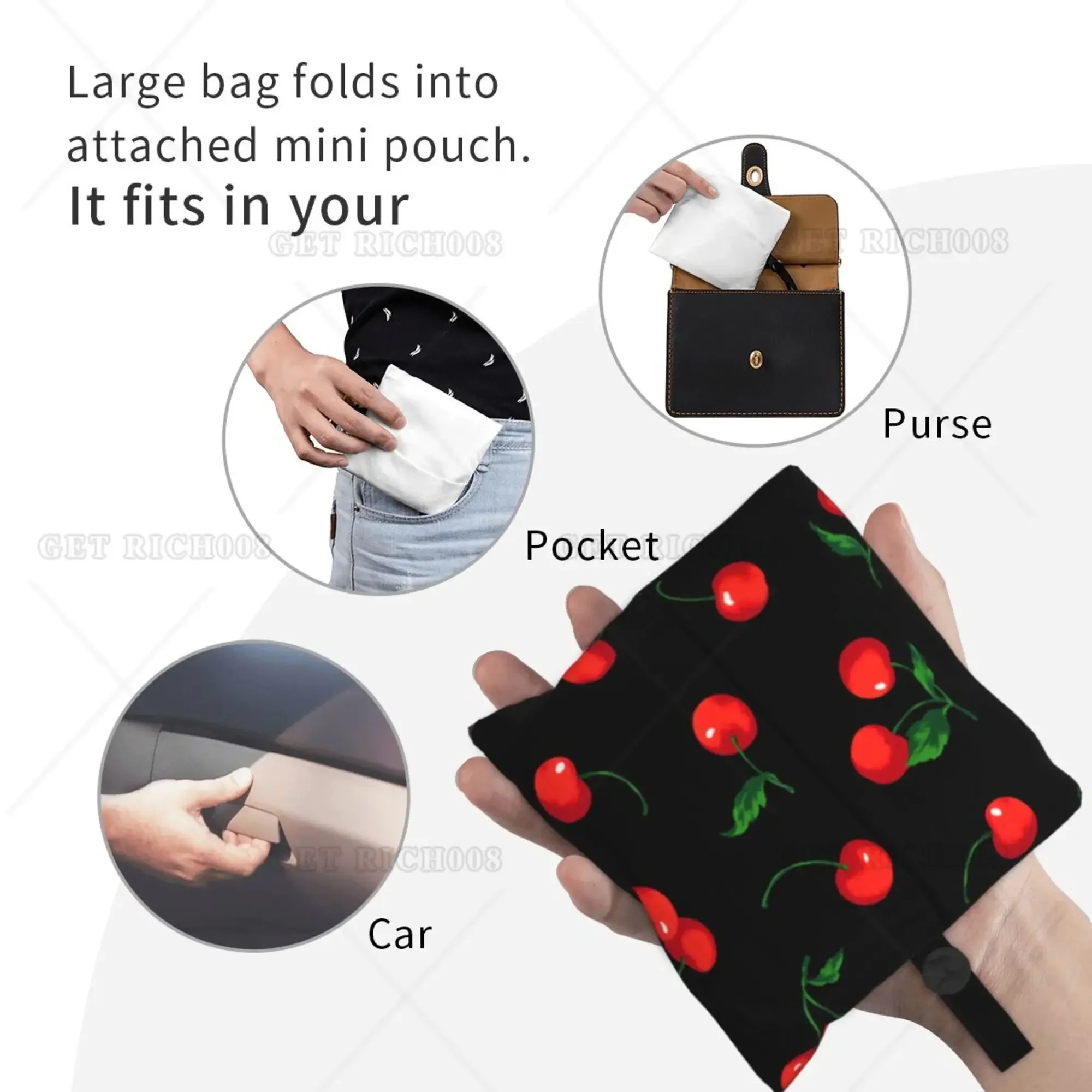 Cherry Fruit Tile Pattern Reusable Bag Foldable Shopper Bag No Zipper Vintage Recyclable Grocery Bags One Size for Women