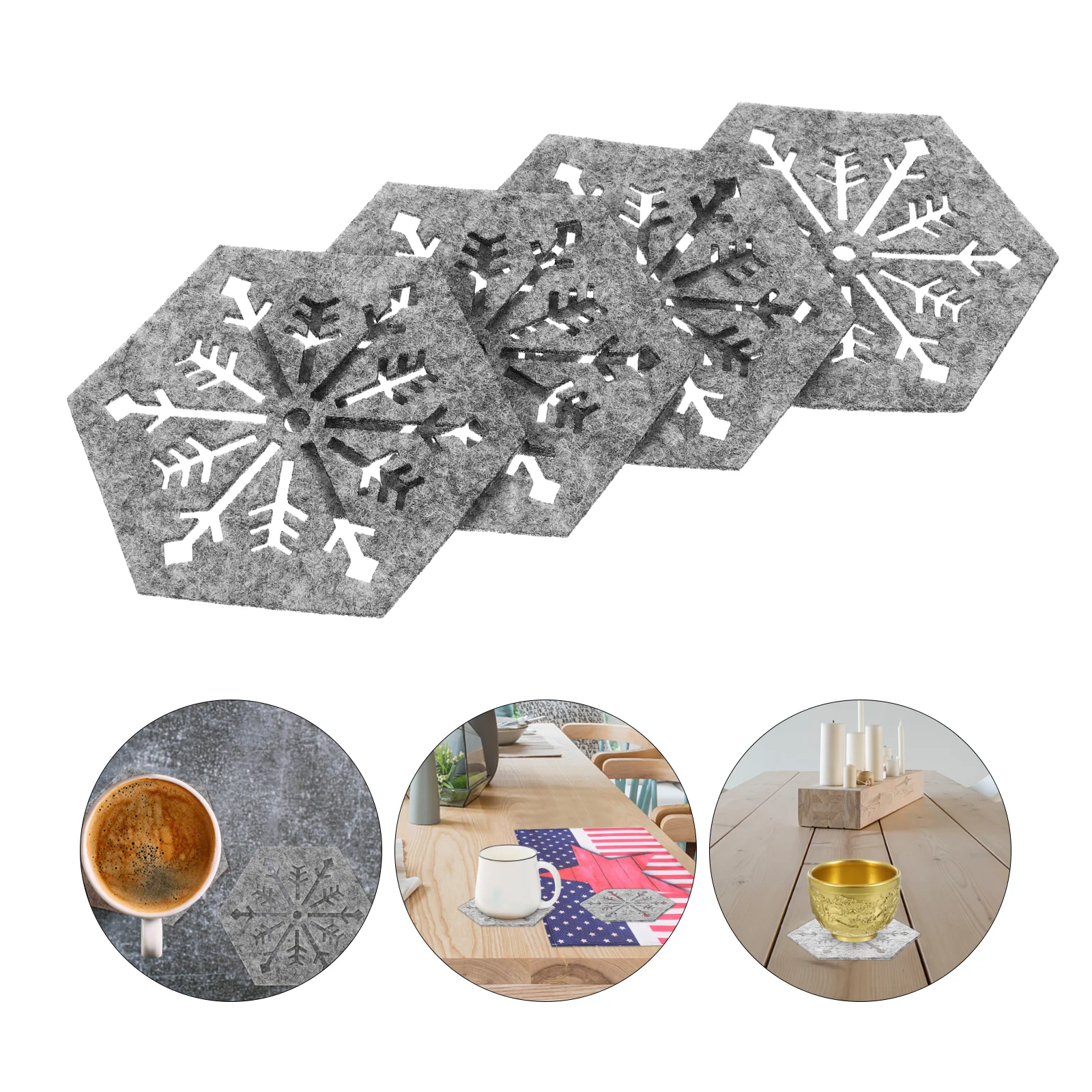 Manteles Individuales de mesa navideños, posavasos hexagonales con copos de nieve, decoraciones para fiesta, cena, vacaciones, 4 Uds.