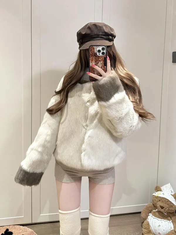 

Trendy Fluffy Fur Jaet Loose Fit Turn-down Collar Soft Sle ort Coat Warmth All-weather Youth Outerwear Casual Wear