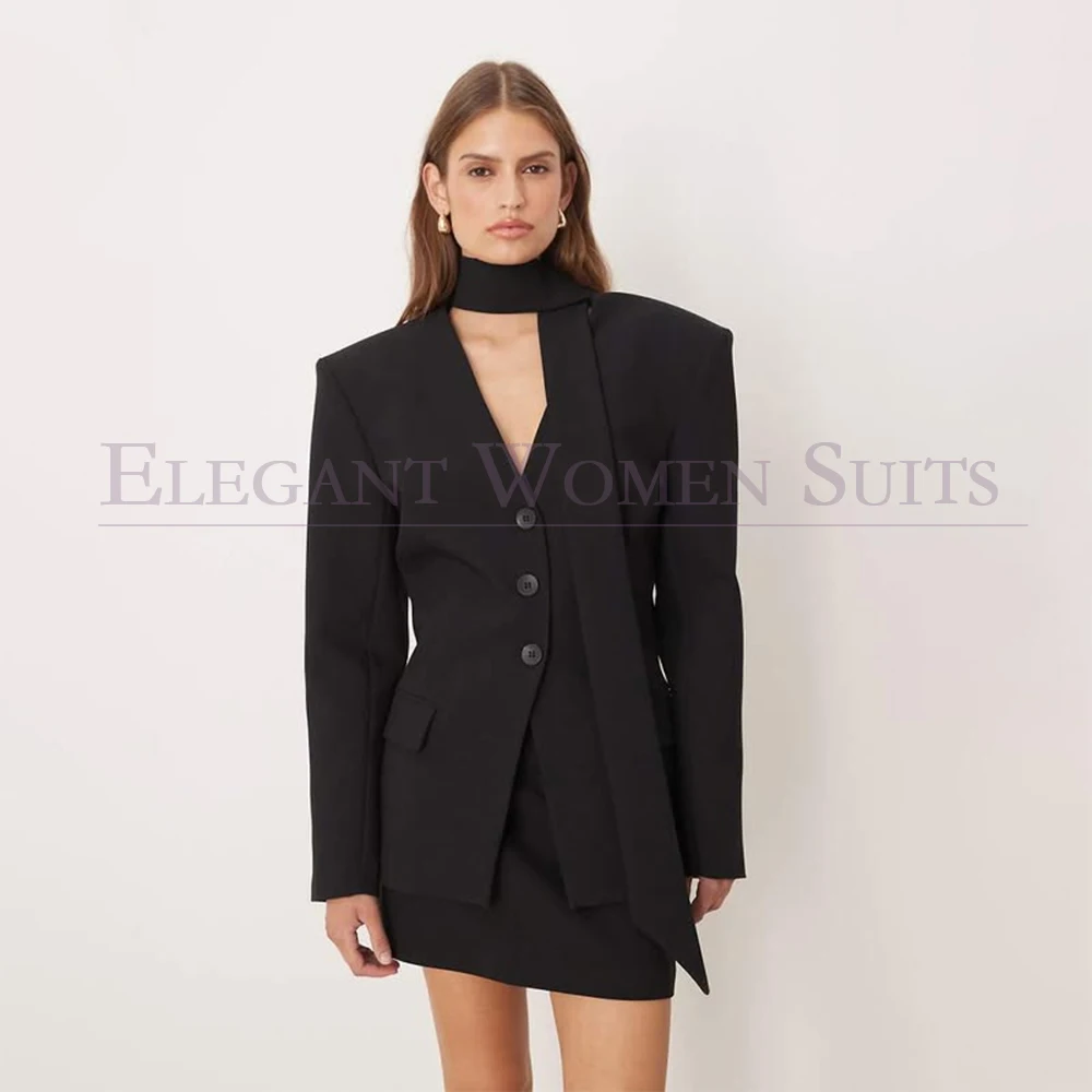 Black Women's Suit Dress Sets Elegant Single Breasted Skirts High Quality 2 Piece Jacket Pants Blazer Fashion Evening Lady Coat