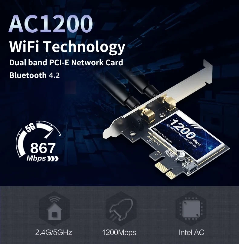 1200Mbps Wireless PCI-E Adapter Bluetooth 4.2 WiFi Wlan Card 2.4G/5GHz  Andtenna 802.11ac PCI Express Adapter For Win 7 10 11