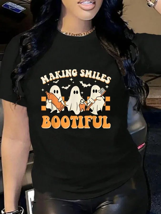 2026 Fashion New Women Crew Neck T Shirt Halloween Ghost Dentist Making Smiles Bootiful Graphic 100% Cotton Oversized Casual Basic Top Tee