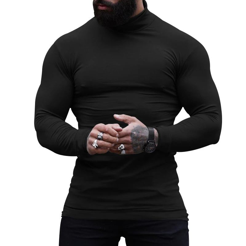 Autumn Men's High Neck Sweater T-shirt Slim Fit Fashion Sweatshirts Elastic Long Sleeve Casual Breathable Pullover Clothing Tops