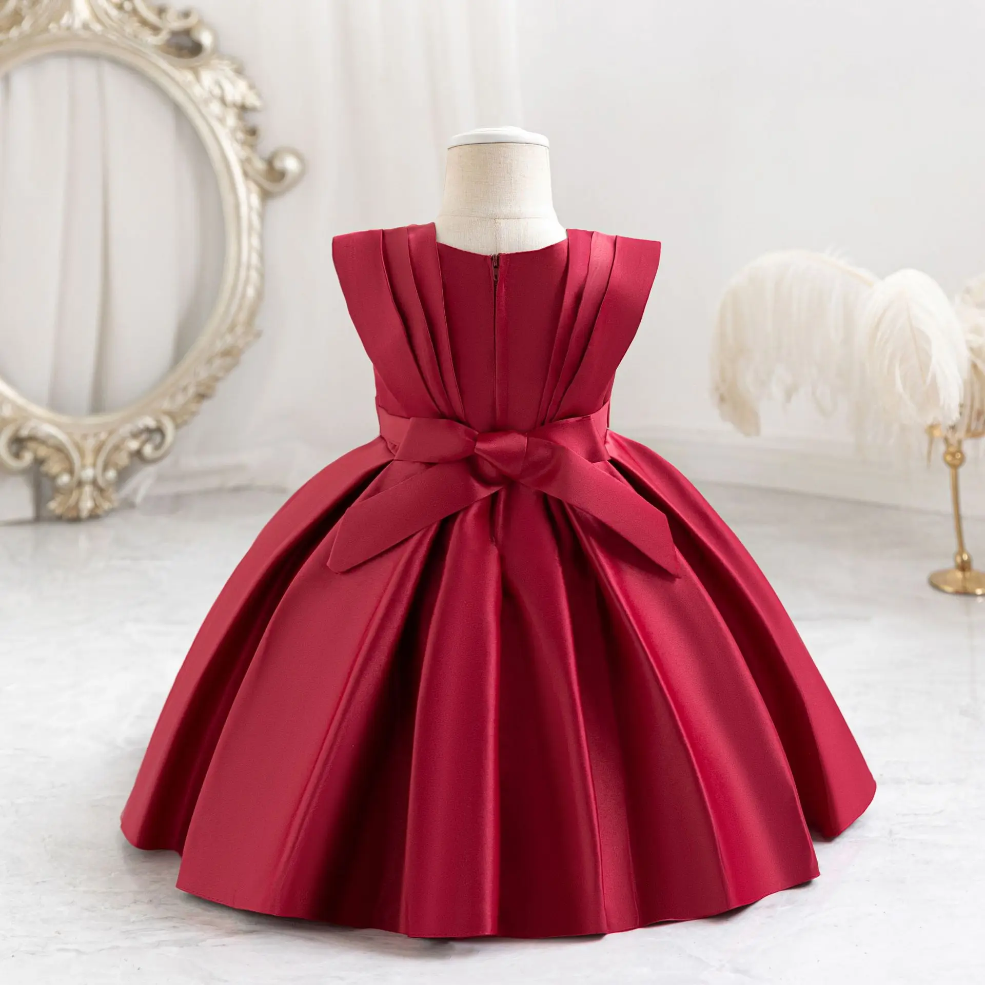 HETISO 1-5 Years Children Girls Christmas Dress Sleeveless Solid Red Satin Baby Toddler Birthday Wedding Party Fashion Wear