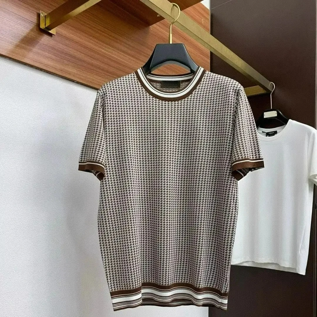 

LP Old Money Style Spring/Summer Thousand Bird Pattern Knitted Cotton Blended Round Neck Casual Short Sleeve T-shirt