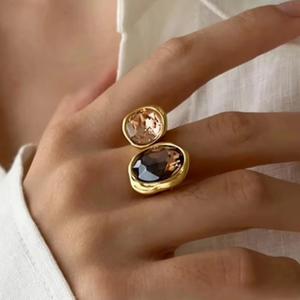 Women Retro Brown Rhinestone Open Ring Geometric Square Crystal Real Gold Plated Exquisite Finger Jewelry Gift