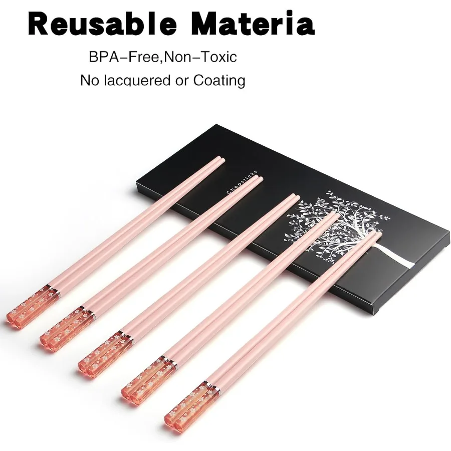 عيدان تناول الطعام قابلة لإعادة الاستخدام آمنة للاستخدام في غسالة الأطباق AYFDISHS 5 أزواج 9.56 بوصة خفيفة الوزن من الألياف الزجاجية قطع ساكورا اليابانية الصينية
