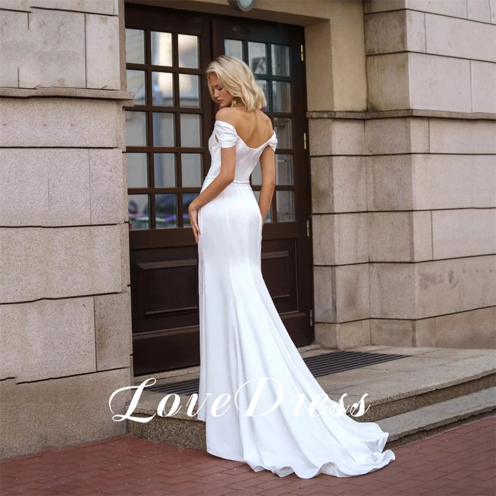 Love Elegant Boat Neck Off The Shoulder Stain Wedding Dress Mermaid High Side Slit Pleated Sexy Floor Length Backless Bride Gown