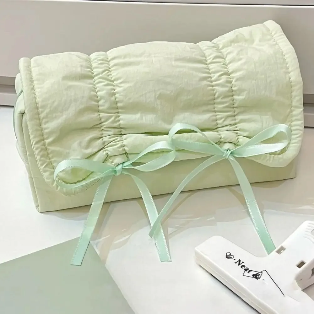 INS Bow Drawstring Pen Bag Large Capacity Multi-functional Solid Color Pencil Case Organizer Ballet Style Stationery Storage Bag