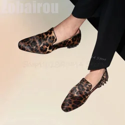 Metal Rivets Decor Leopard Print Square Toe Loafers Fashion Slip On Men Shoes Luxurious Handmade Party Banquet Men Casual Shoes