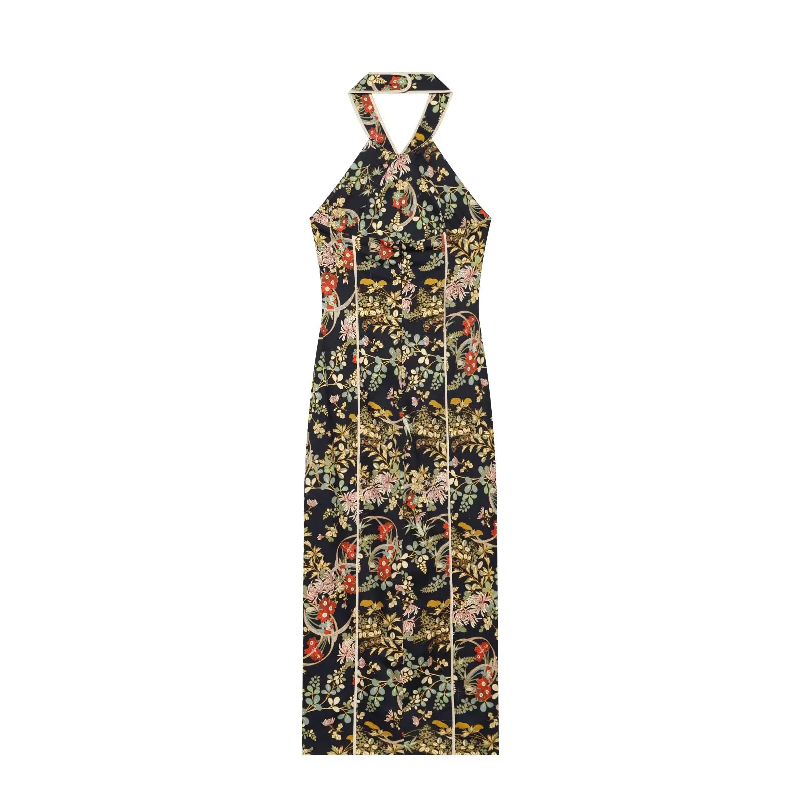 BSAY 2026 Autumn Women's Halter Neck Printed Dress With Contrasting Colors And Rolled Edges Sleeveless Slim Fit Mid Length Skirt