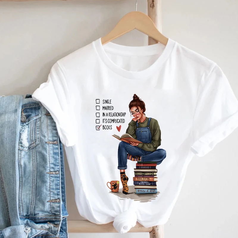 Tshirt Women Tops Tee Reading Books Girl Print Casual Ladies T-Shirts All-match 90s Short Sleeve Kawaii Clothing female T shirt