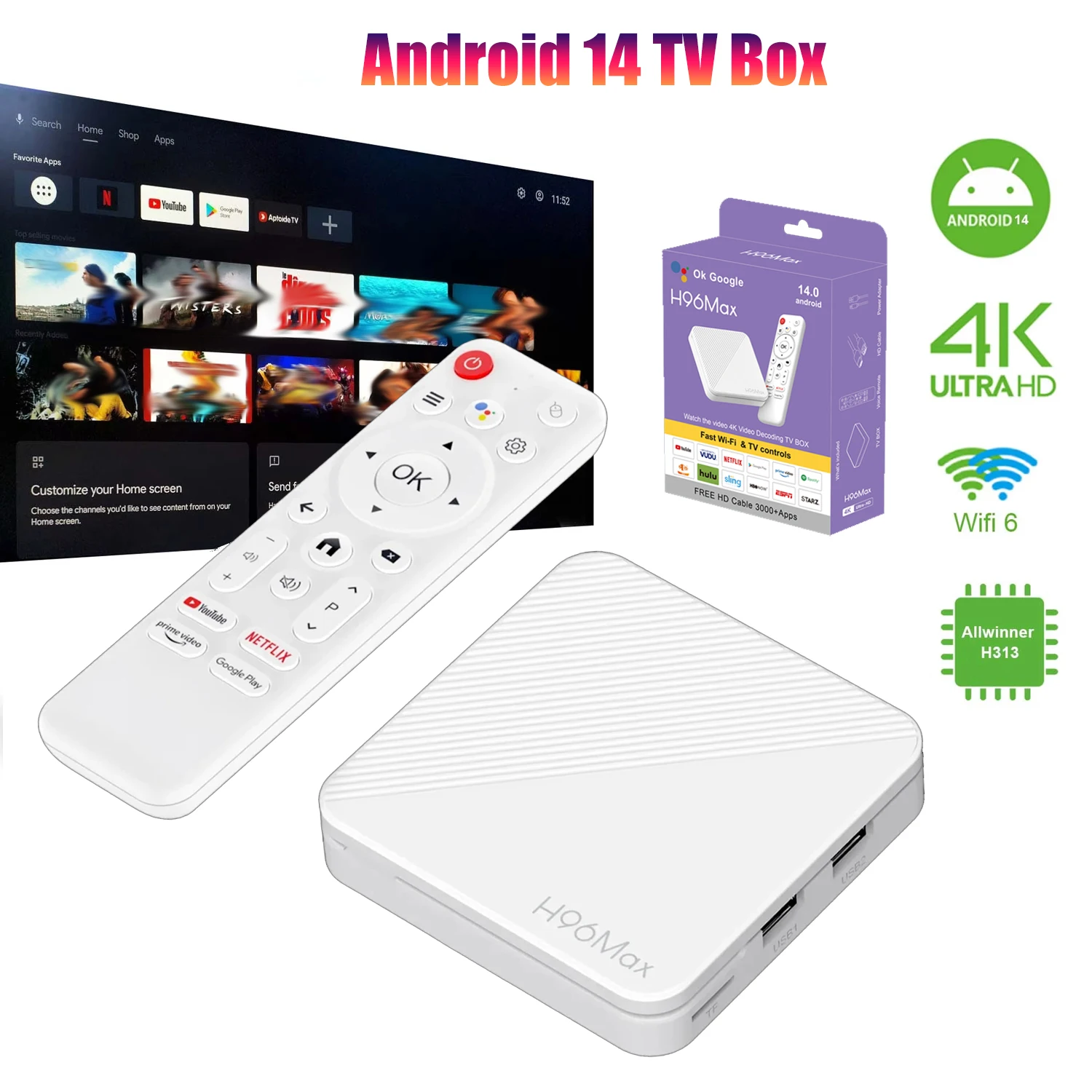 صندوق التلفزيون الذكي أندرويد 14 TV Box Allwinner H313 4K Set Top Box 100M LAN Wifi6 BT5.0 مساعد صوتي مشغل الوسائط TV Box HD