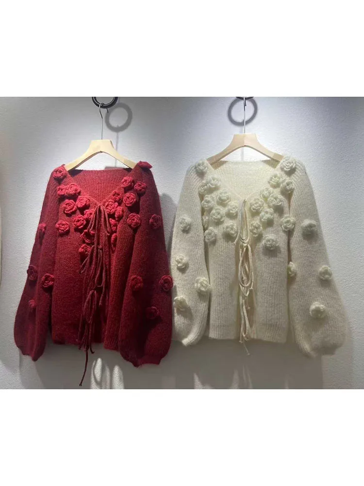 

Clothland Women Elegant Floral Knitting Cardigan Long Sleeve Lace Up Sweater Jacket Female Cute Coats Mujer HA612