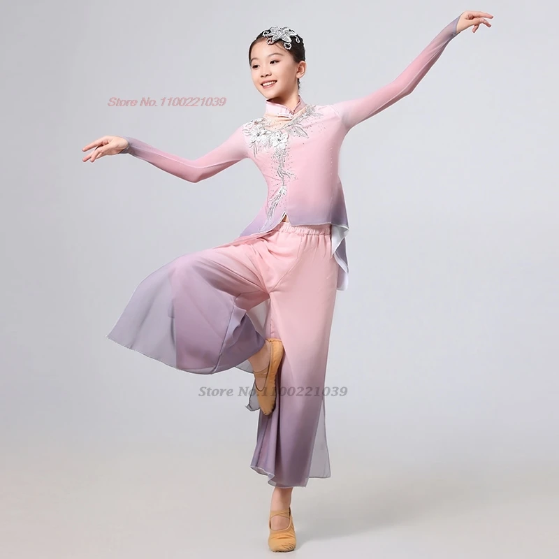 2025年伝統的な中国の子供たちのダンス衣装、花の刺繍グラデーションカラーメッシュ漢服トップス+パンツステージパフォーマンスドレス