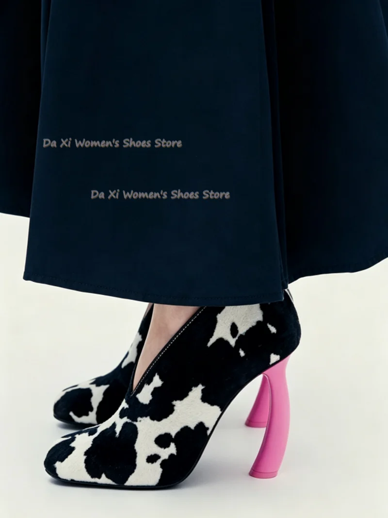 Cow Print V-Cut Low-Cut Shoes Square-Toed Color-Blocking Pink  Curved Shape High Heel Fashion Banquet Slip-on Women's Shoes
