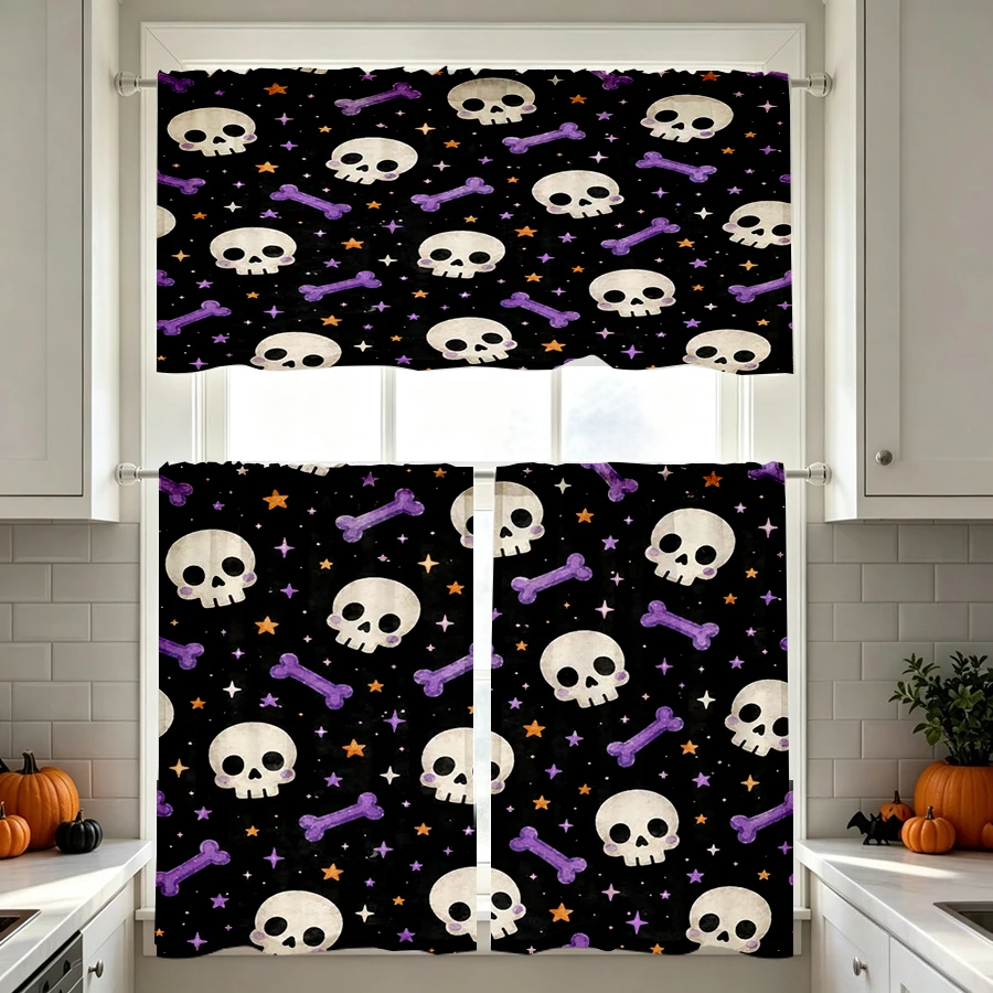 Halloween Fall Kitchen Curtains, Skull Bone Star, Digital Print, Kitchen Dining Room, Rod Pocket Polyester, Home Decor