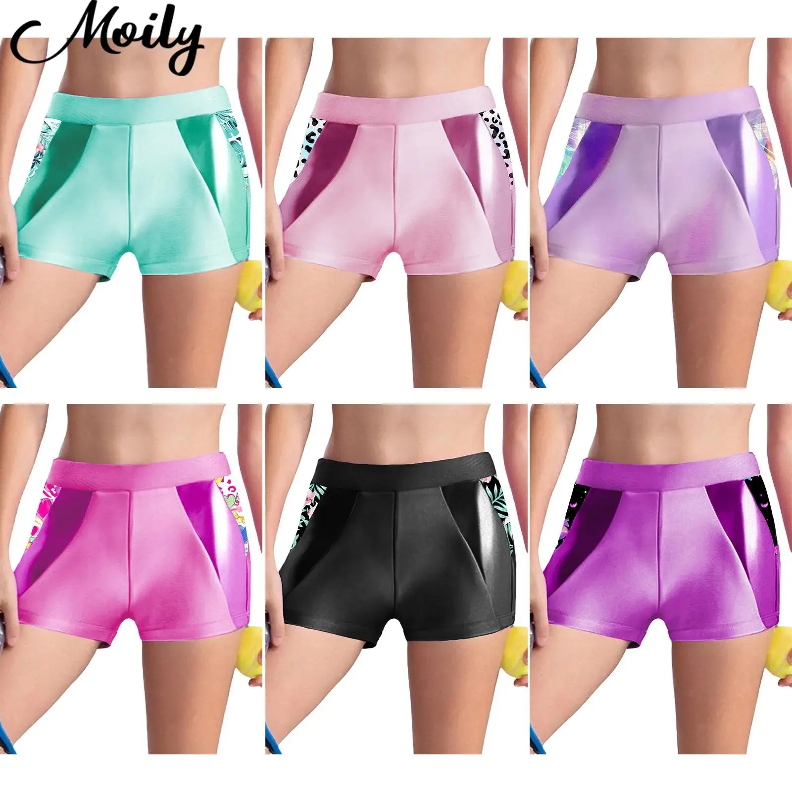 

Kids Sportswear Girls Elastic Waistband Metallic Printed Patchwork Athletic Shorts for Sports Yoga Gymnastics Dance Stage Show