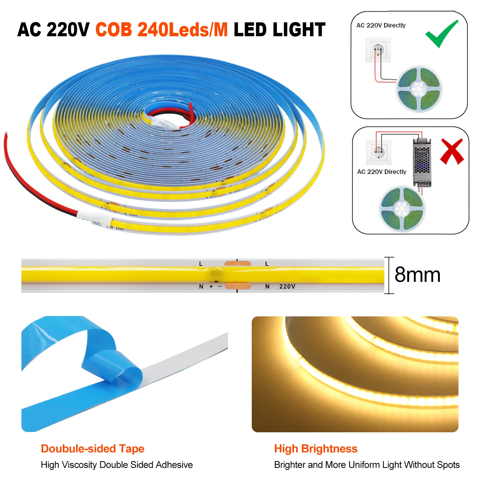 AC 220V COB Strip IP20 3000K 4000K 6000K Home Decor High Brighter 240Leds/M Elastyczna taśma wstążkowa LED Light 5M 10M 50/Roll