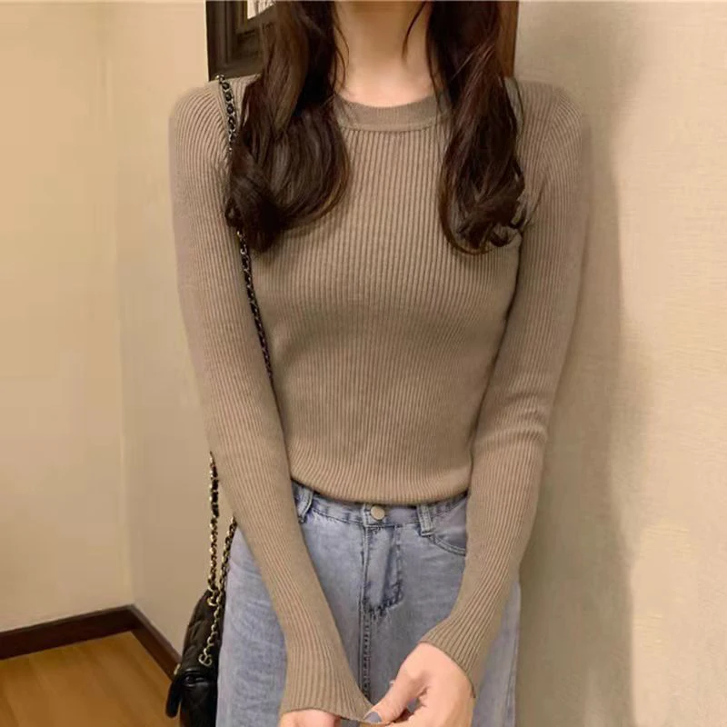 Rimocy Basic Round Neck Knit Sweater Women Spring Autumn Ribbed Long-sleeved Sweaters Woman Solid Color Slim Fit Pull Femme 2022