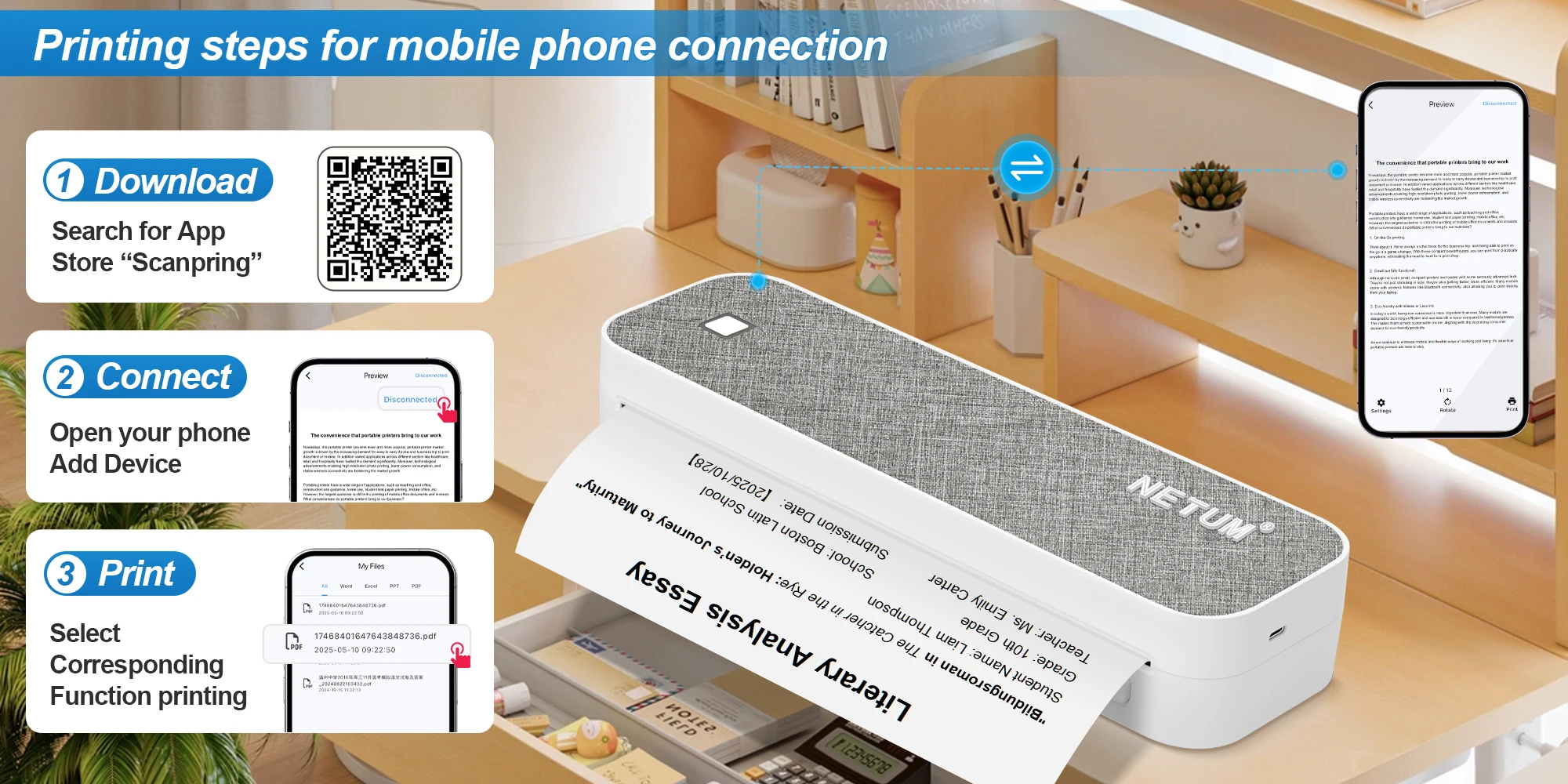 A4 Tragbarer Thermodrucker mit Bluetooth & USB, für Fotos, TXT, Word, PDF-Dokumente, kompatibel mit Android-, iOS- und Windows-Systemen – Detail 3
