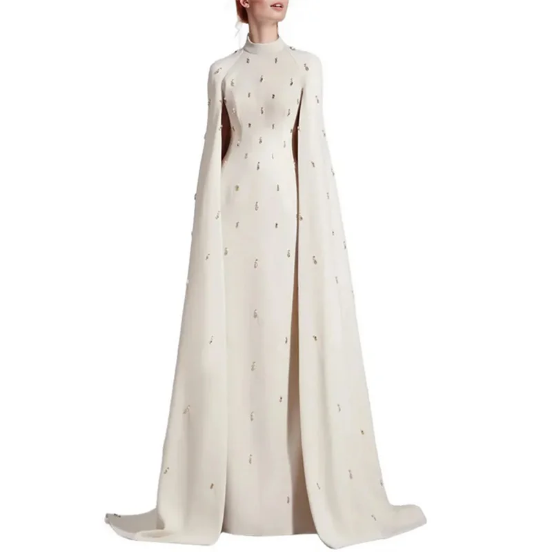

2025 Long Sleeves Dresses for Mother of the Bride High l Neck Evening Dress Elegant Wedding Party Gowns Floor Length with Cape