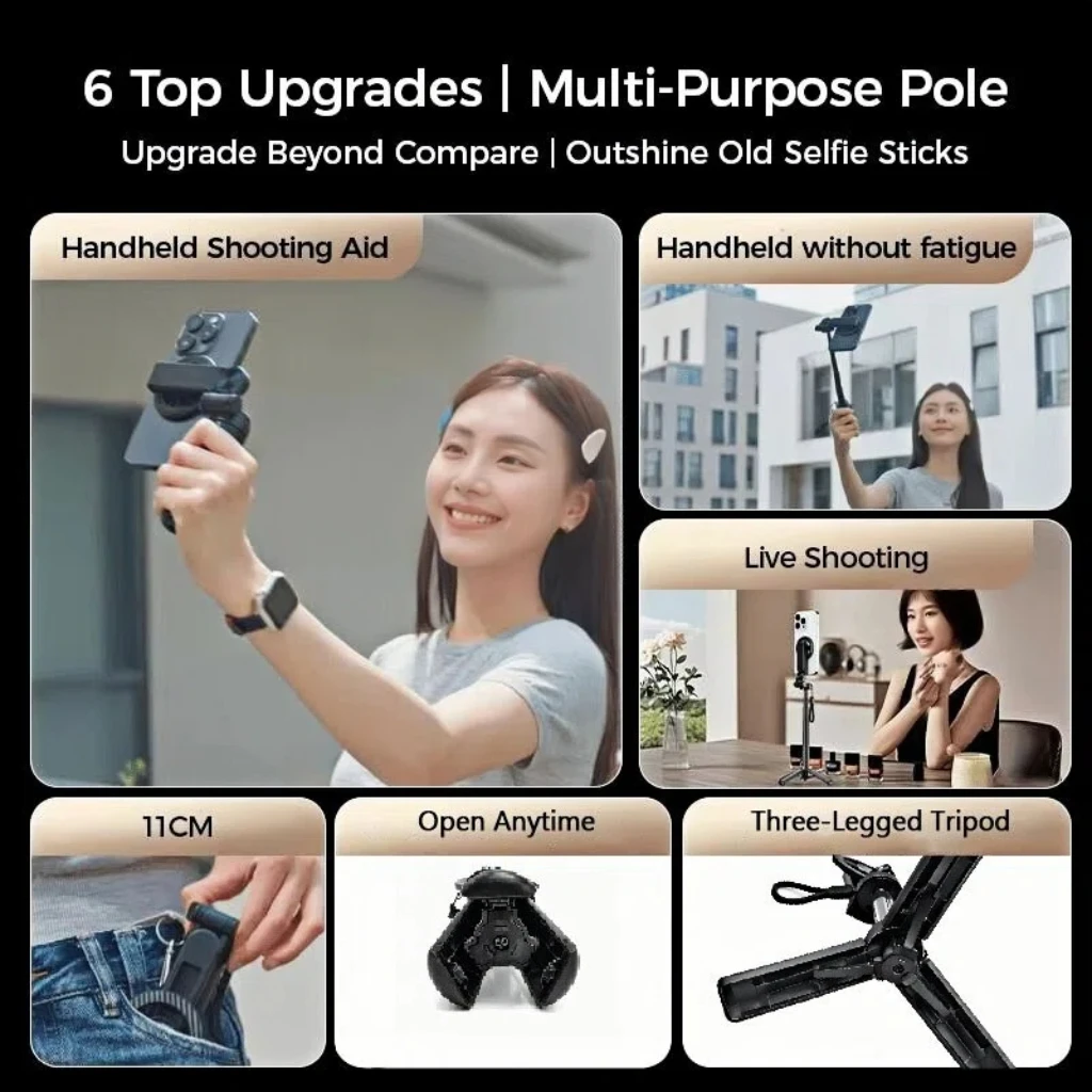 4-in-1 Multifunctional Magnetic mini Selfie Stick with 360° Rotation Wireless Bluetooth Control Magnetic Phone Holder