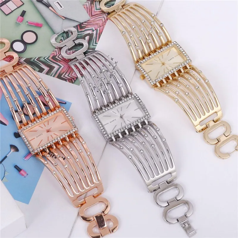 

Роскошные модные универсальные часы из нержавеющей стали для женщин, прямоугольный повседневный браслет с полым ремешком, аксессуар для кварцевых часов