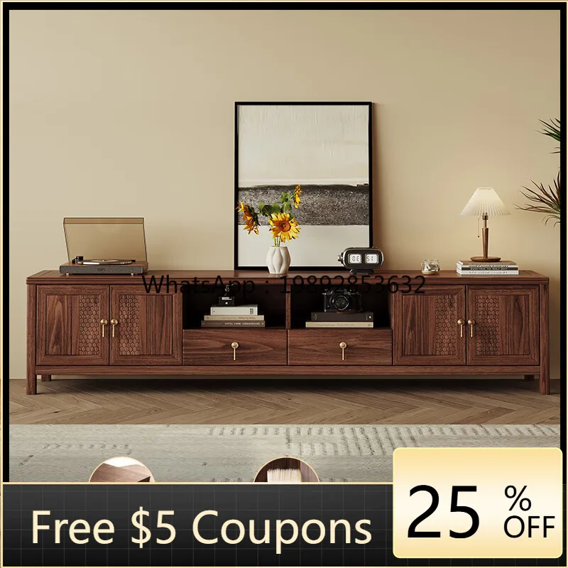 

1LYY New Chinese Style Solid Wood TV Cabinet Coffee Table Black Walnut Small Apartment Living Room Furniture Set TV Wall Cabinet
