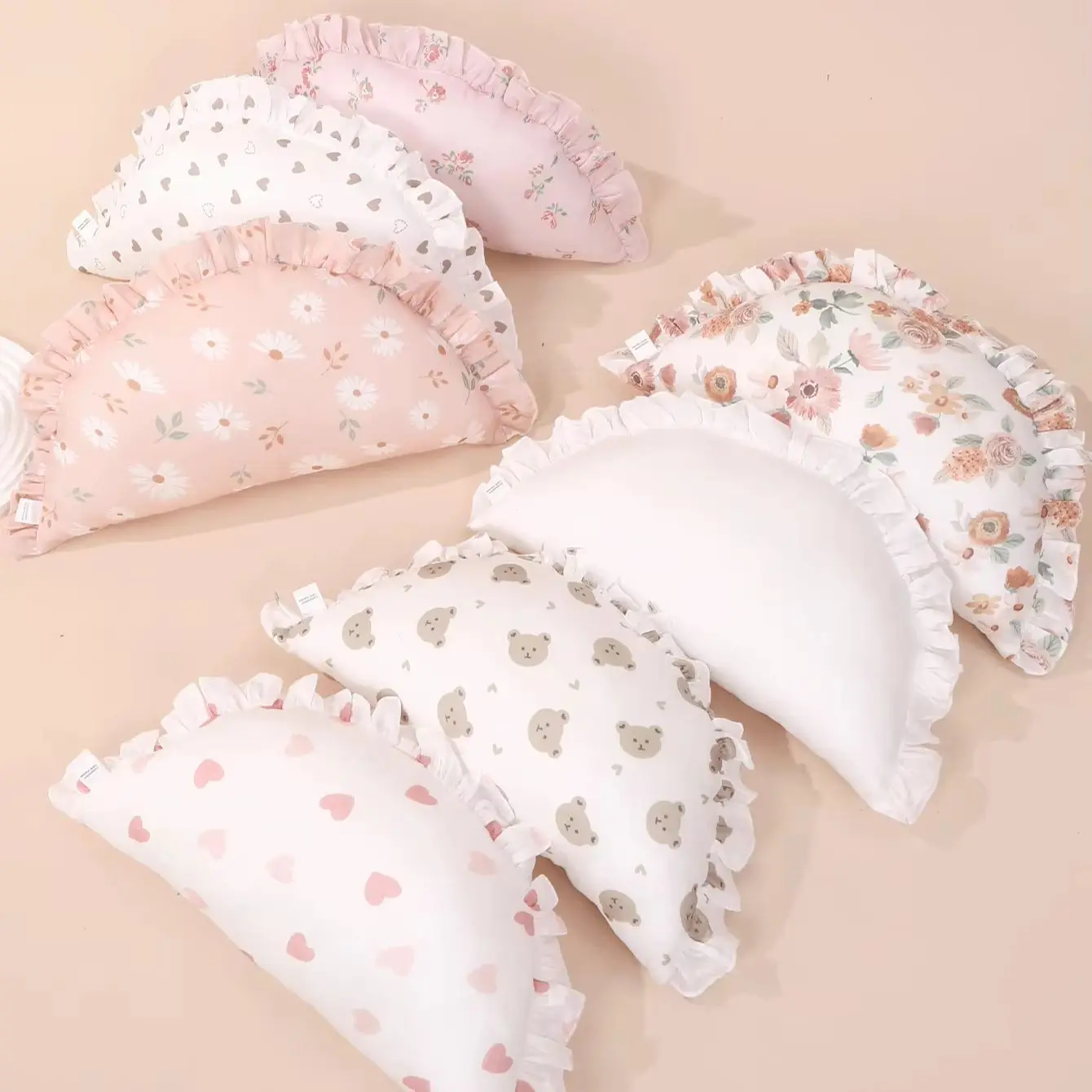 Baby Crescent Pillow with Ruffle Edge Soft Newborn Nursing Pillow Infant Head Support Pillow for Crib Bassinet