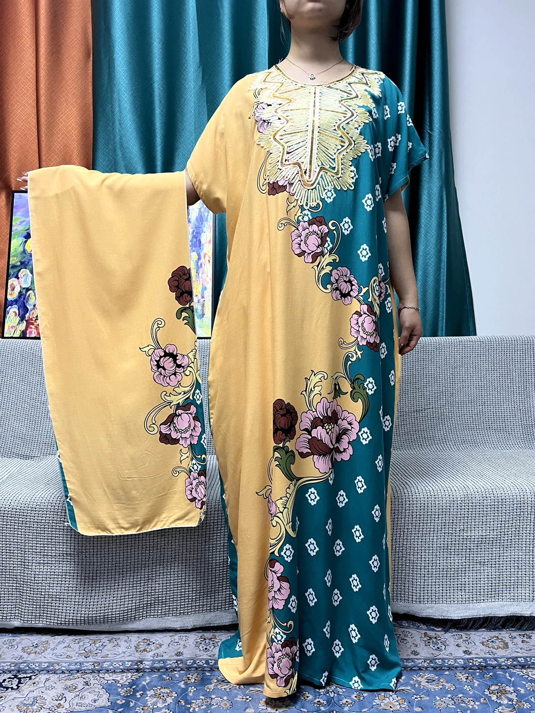 Abayas para mulheres, algodão, estampa floral, mangas curtas, ajuste solto, africano, islamismo, vestidos de Turquia, turbante