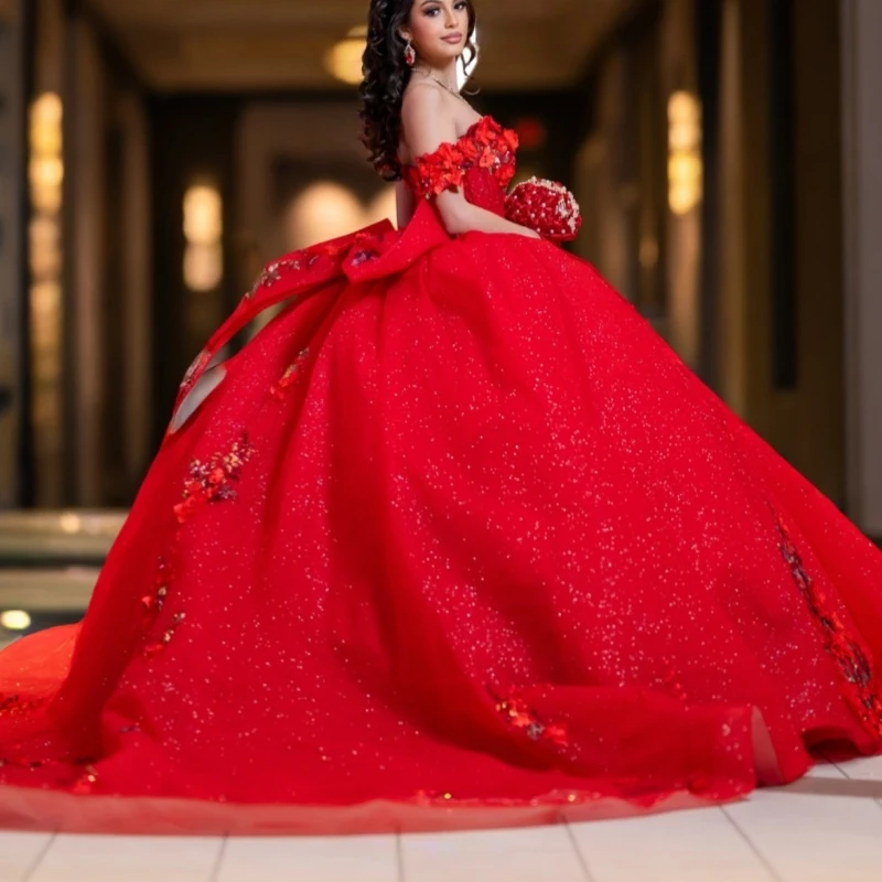

Red Shiny Ball Gown Quinceanera Dresses 2026 Applique Flower Beading Crystal Bow Tull Corset Off Shoulder Sweet 16 Dress Years