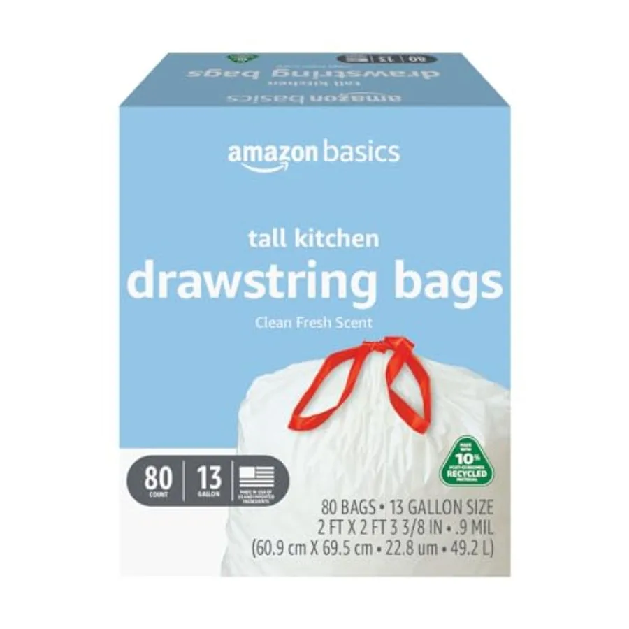 

13 Gallon Tall Kitchen Drawstring Trash Bags, Clean Fresh Scent, 10% Post Consumer Recycled Material, 80 Count