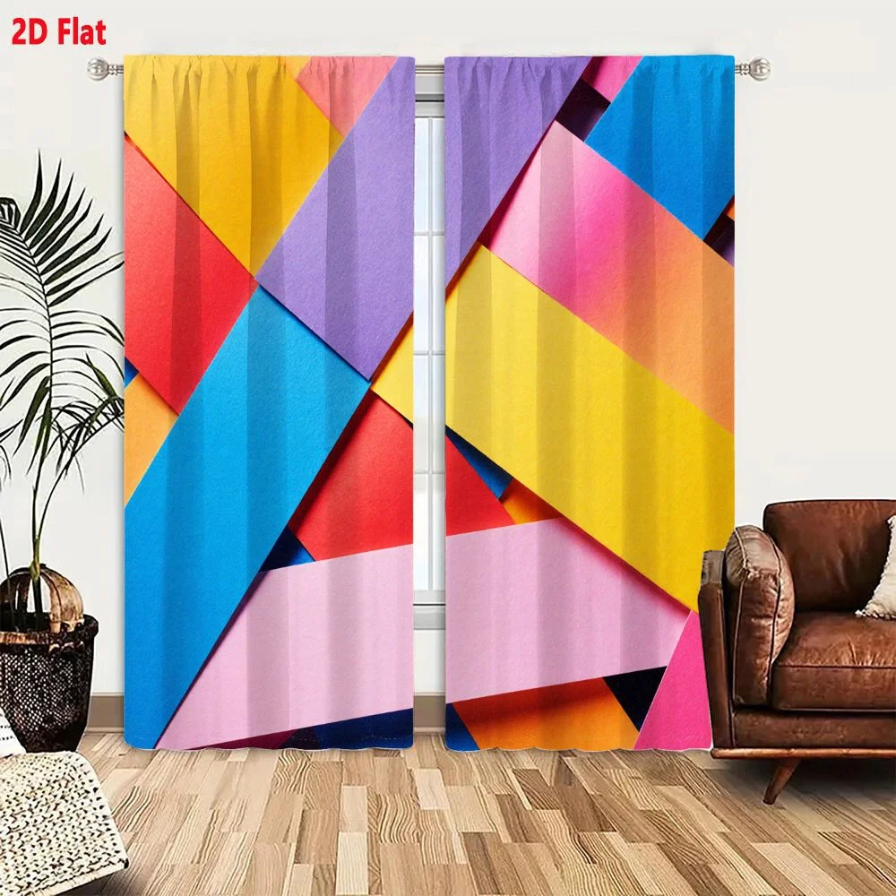 2Pcs Curtains 2D Flat Colorful Abstract Overlapping Rectangular Strips Geometric Design With Red Blue Yellow Pink Orange Gradien