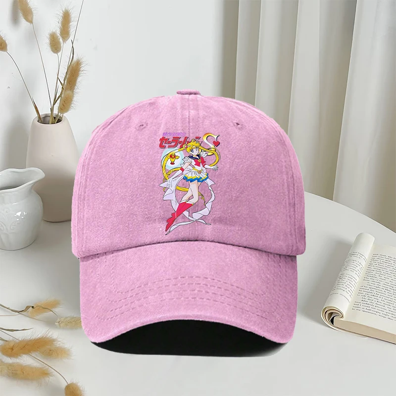 

Cute Sailores Moon Baseball Cap Washed Denim Fabric Cartoon Hip Hop Sun Hats Fashion Girls Outdoor Activities Travel Sunbonnet