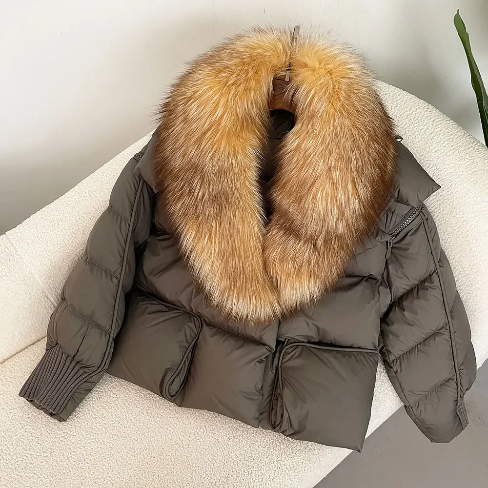 Moda 2024 Giacca Invernale Donna Naturale Reale Procione Collo di Pelliccia di Volpe Piumino D'anatra Bianca Cappotto di Spessore Caldo Streetwear Casual Tuta Sportiva