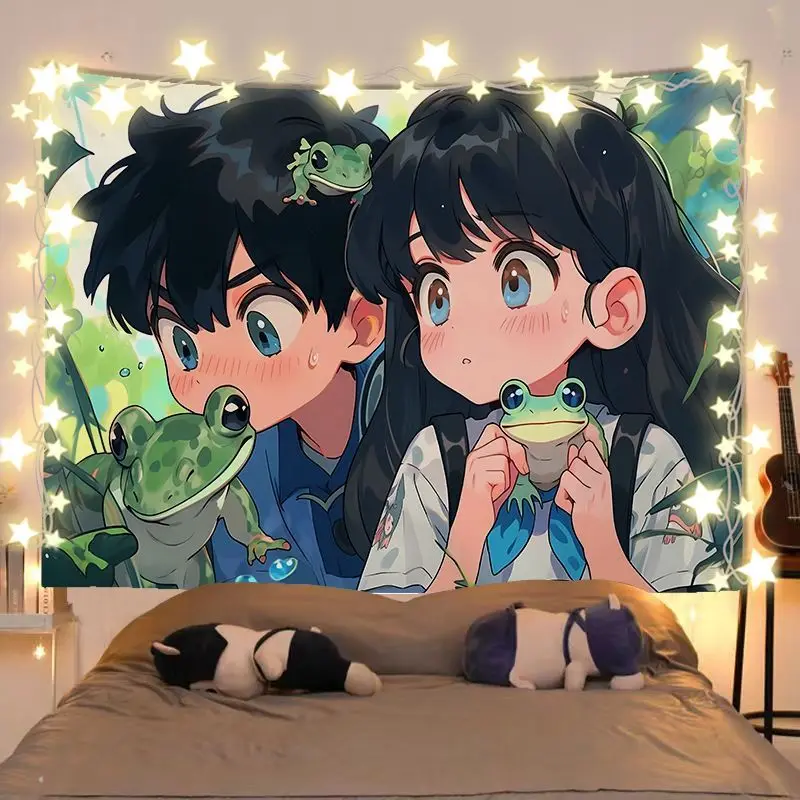 VIKAMA Forest Frog Campus Couple Tapestry Wall Hanging Home Decor for Bedroom Living Room Dorm Fresh anime Buns Aesthetic