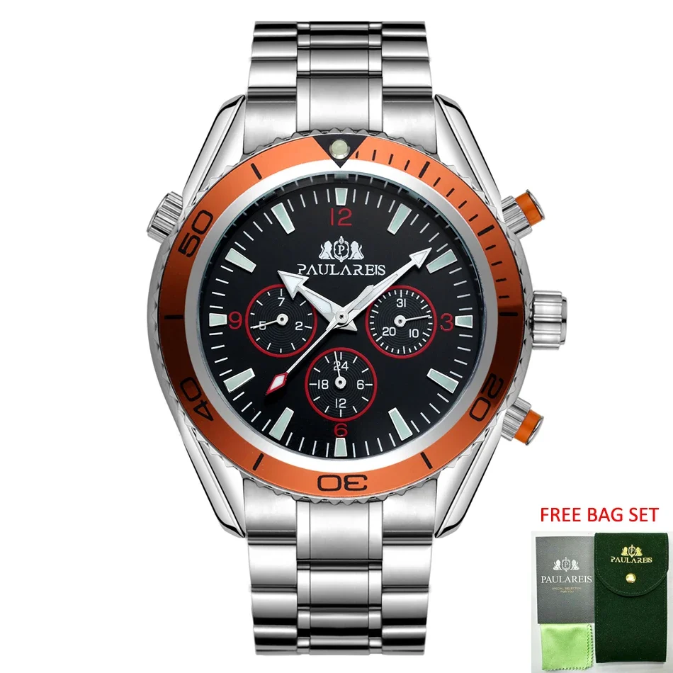 Automatic Watches for Men Mechanical Self Wind Stainless Steel Strap Orange Blue Black Dial Bezel Classic Reloj Hombre Baratos