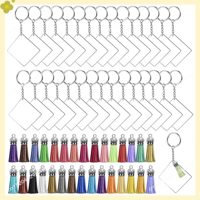 LDHL 120 Pcs Square Acrylic Keychain Blanks Tassels Set Including Acrylic Blanks Silver