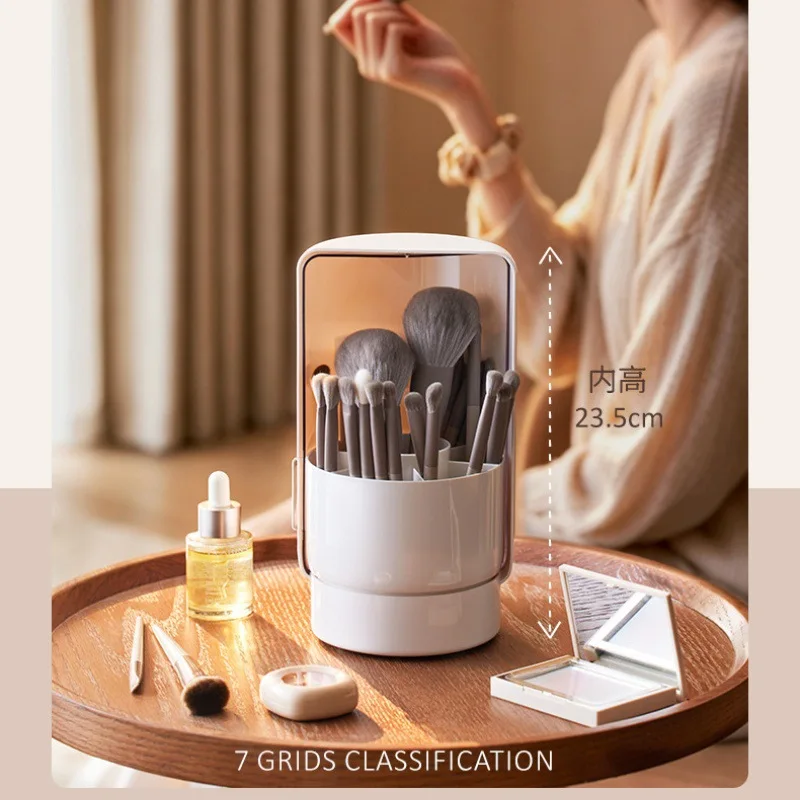 Storage Bucket Rotating Dustproof Storage Bucket Flip Clear Storage Bucket Desktop Makeup Brush Cosmetic Tool Organizer