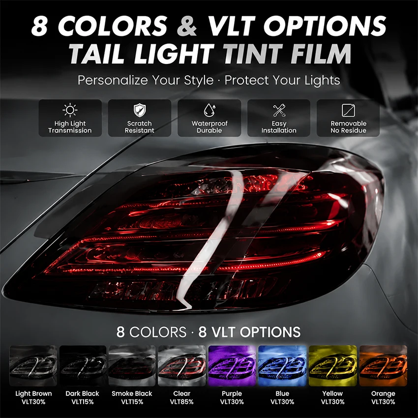 8 Colors Car Headlight Tint Film Kit Waterproof Vinyl Wrap Headlight Taillight Fog Light Smoke Black Deep Black VLT15~85% Brown
