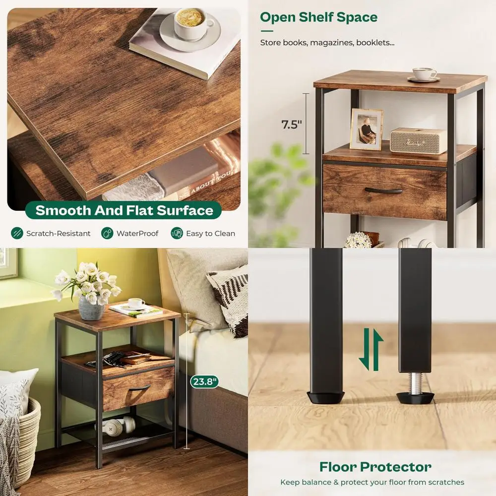 Rustic Brown 2-Piece Nightstand Set with Fabric Drawer, Mesh Shelf, and Metal Frame for Bedroom Storage