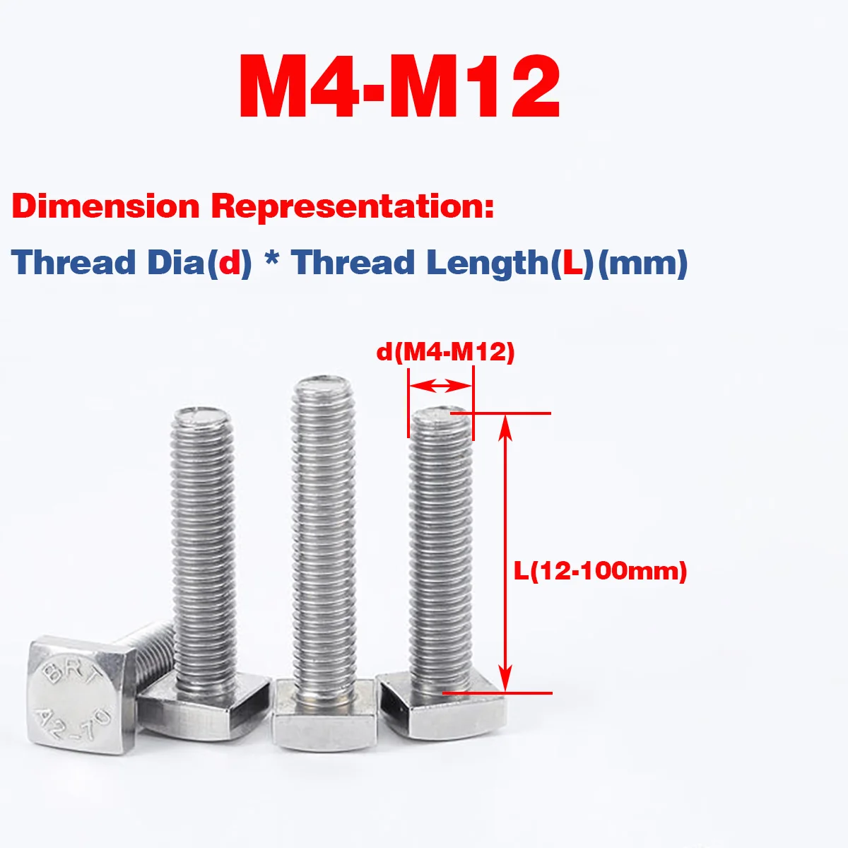 304 Stainless Steel Square Head Bolt, Square Screw, Steel Structure Screw M4-M12