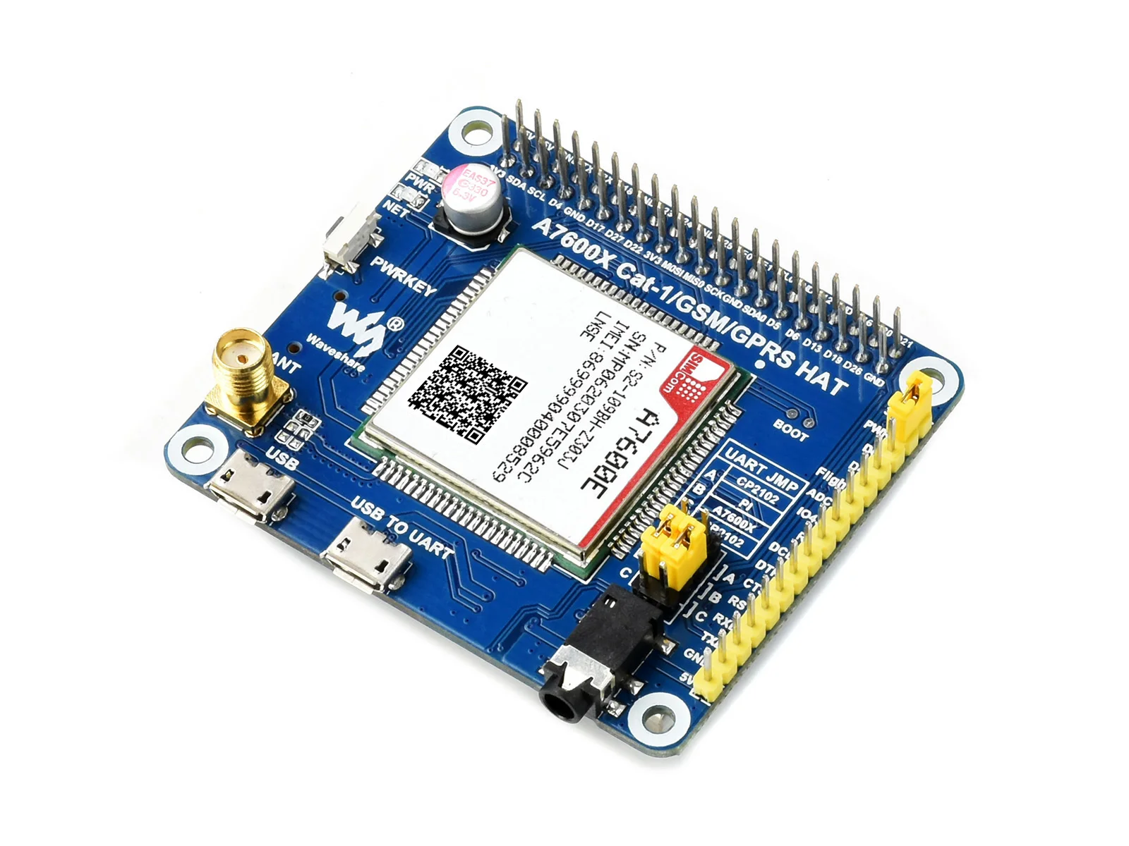 Waveshare A7600E LTE Cat-1 HAT for Raspberry Pi Low Speed 4G Module 2G GSM GPRS for Southeast Asia West Asia Europe Afri