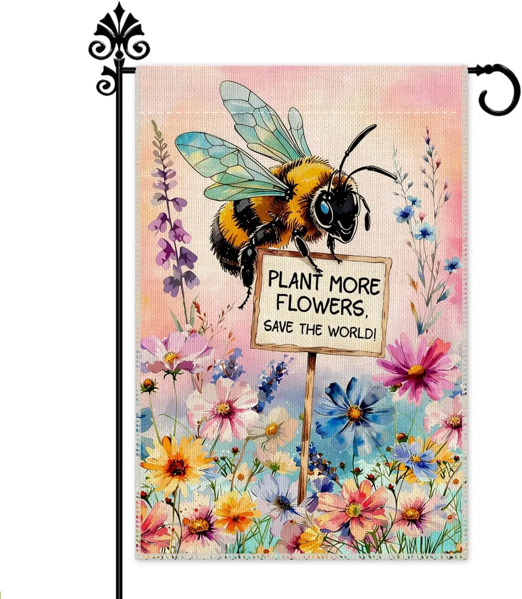 Флаг для сада Hafhue Plant More Flowers Save The World, 12 x 18 дюймов, двусторонний, акварельный, с пчелами и цветами, для двора, сада, газона, патио ZZM