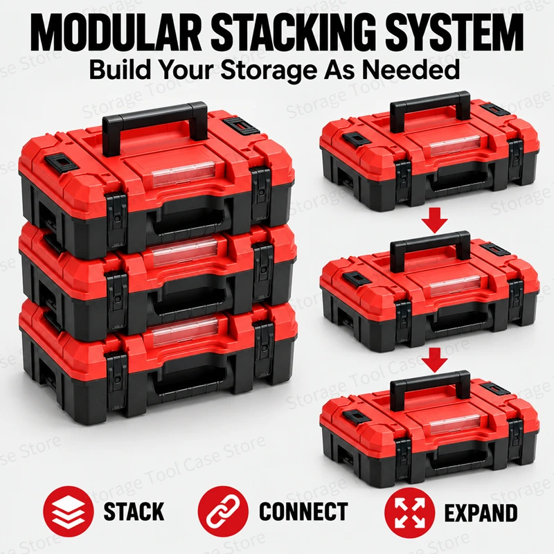 Stackable Power Tool Case Modular Storage Box with Handle Portable Organizer for Batteries Chargers Accessories Workshop DIY Use