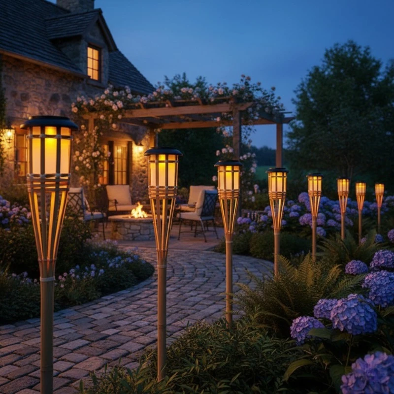 

Солнечные фонари с эффектом мерцающего пламени, водонепроницаемые, 12 светодиодов, бамбуковые солнечные факелы для ландшафтного и садового декоративного освещения