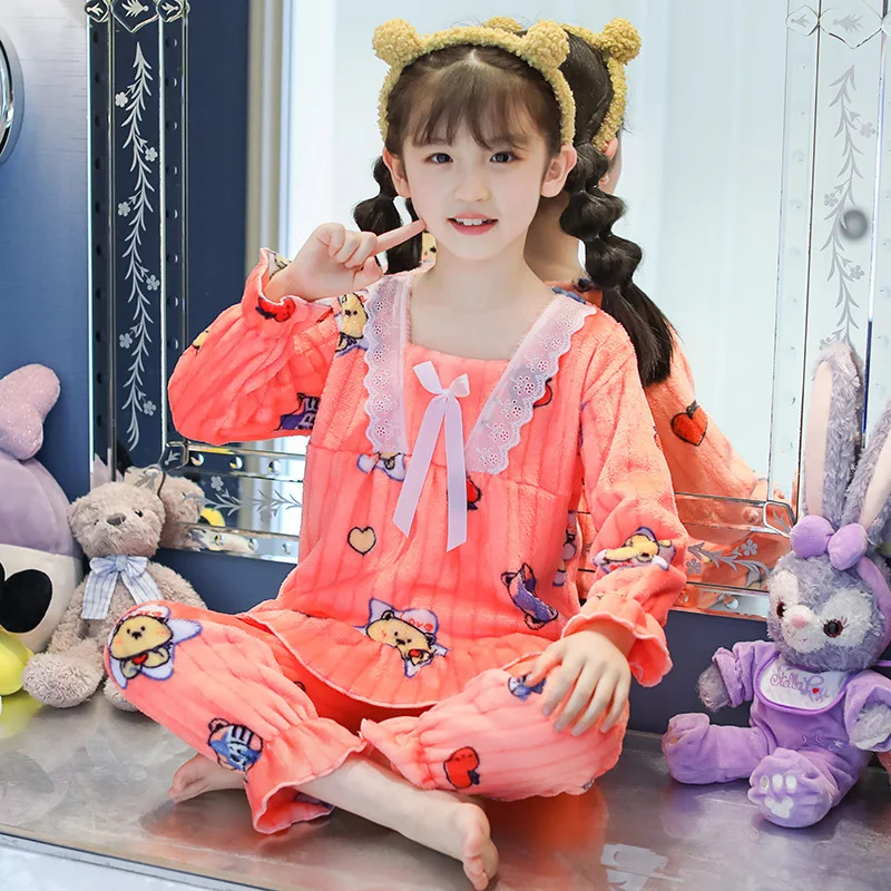 Children Sleepwear Fall Winter Flannel Girl Warm Clothes Suit Sleepwear Children\'s Pyjamas Nightgown Warm Plush Night Clothes